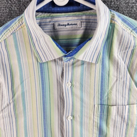 Tommy Bahama Green Blue Striped Long Sleeve Woven Large Cotton Silk Spandex - Picture 1 of 16